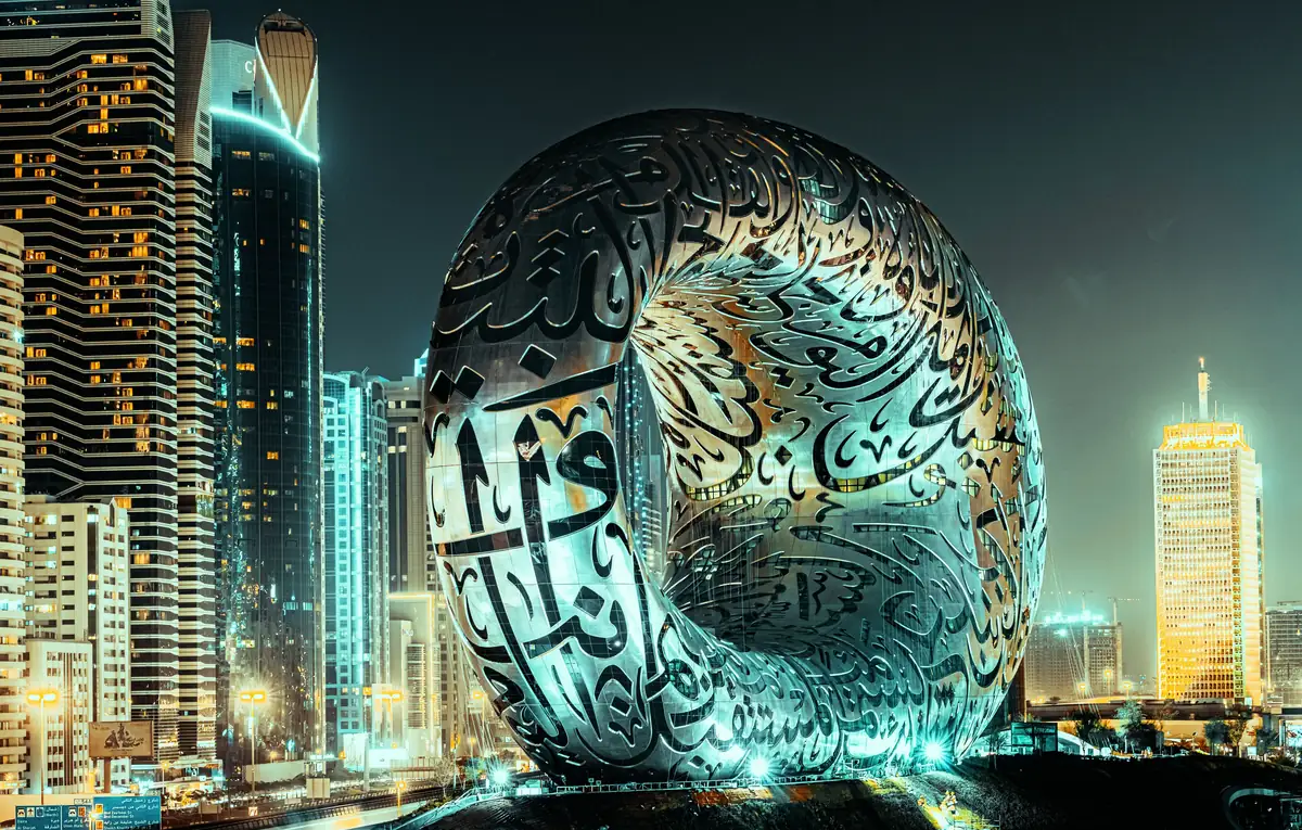 United Arab Emirates, Dubai &mdash; Museum of the Future lit at night beside Sheikh Zayed Road