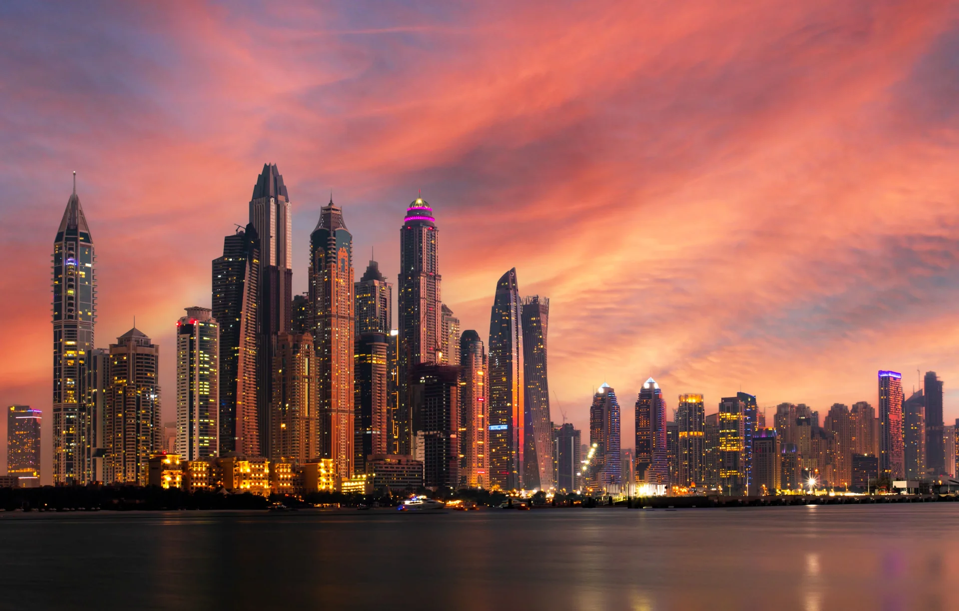 Dubai Marina skyline at sunset, Dubai, United Arab Emirates