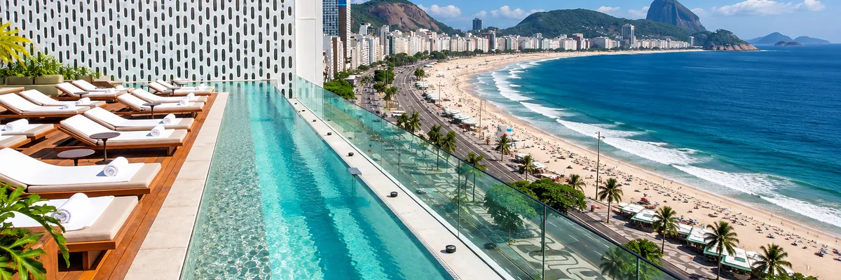 Rooftop pool at Emiliano overlooking Copacabana beach, Rio de Janeiro, Brazil
