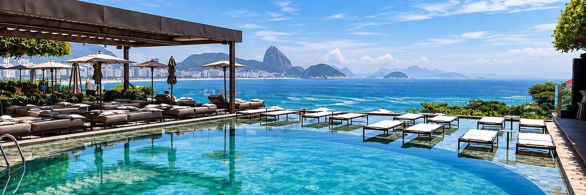 Rooftop pool with Sugarloaf Mountain view at Fairmont Copacabana, Rio de Janeiro, Brazil