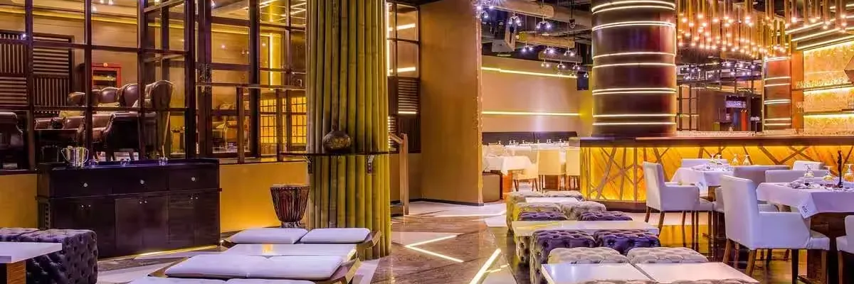 Restaurant and lounge interior at Kiza, DIFC, Dubai, United Arab Emirates