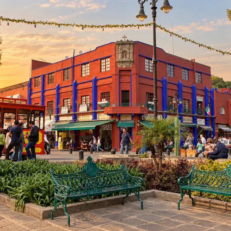 Red and blue colonial building on a plaza at sunset in Coyoac&aacute;n, Mexico City &mdash; CH3 Agency