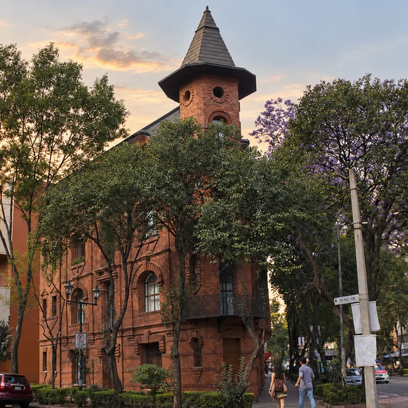 Red-brick building with a pointed tower on a tree-lined street in Ju&aacute;rez, Mexico City &mdash; CH3 Agency