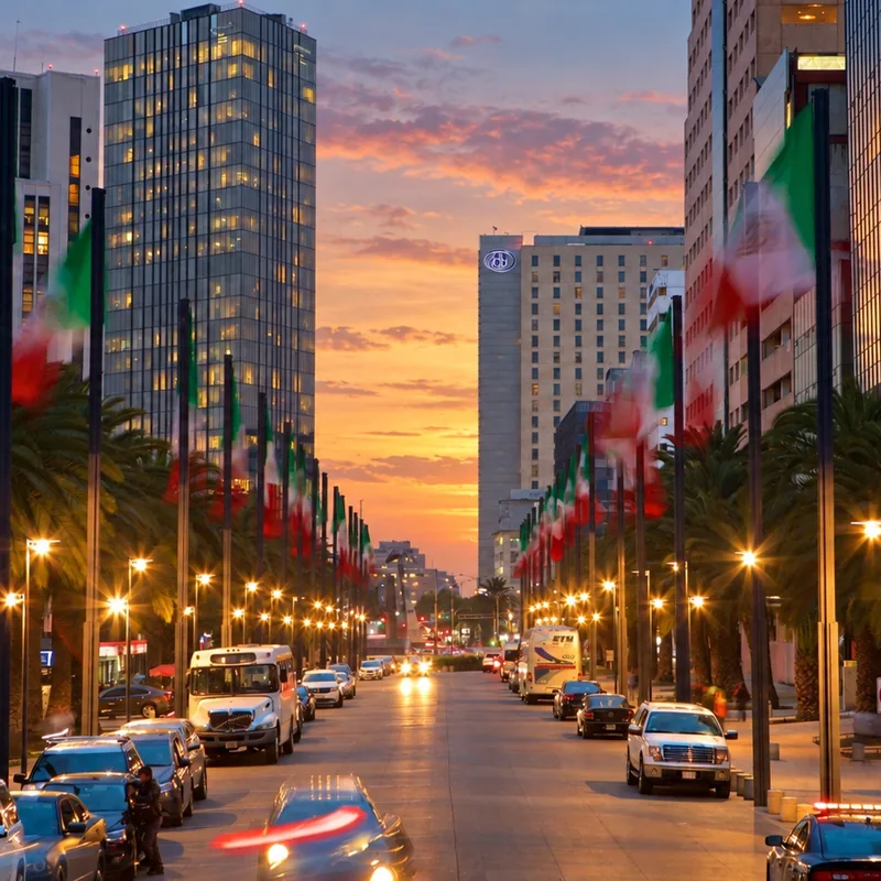 Palm-lined avenue with Mexican flags and towers at sunset, Mexico City &mdash; CH3 Agency