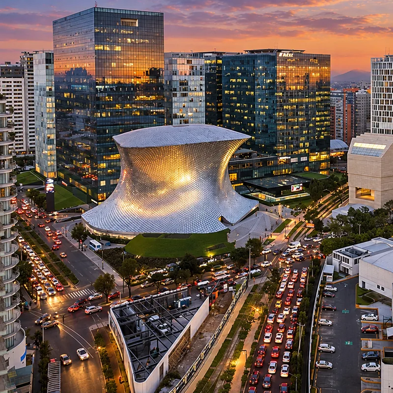 Museo Soumaya and glass office towers at sunset in Polanco, Mexico City &mdash; CH3 Agency