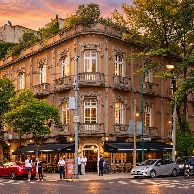 Early-1900s corner building with a caf&eacute; terrace at dusk in Roma Norte, Mexico City &mdash; CH3 Agency