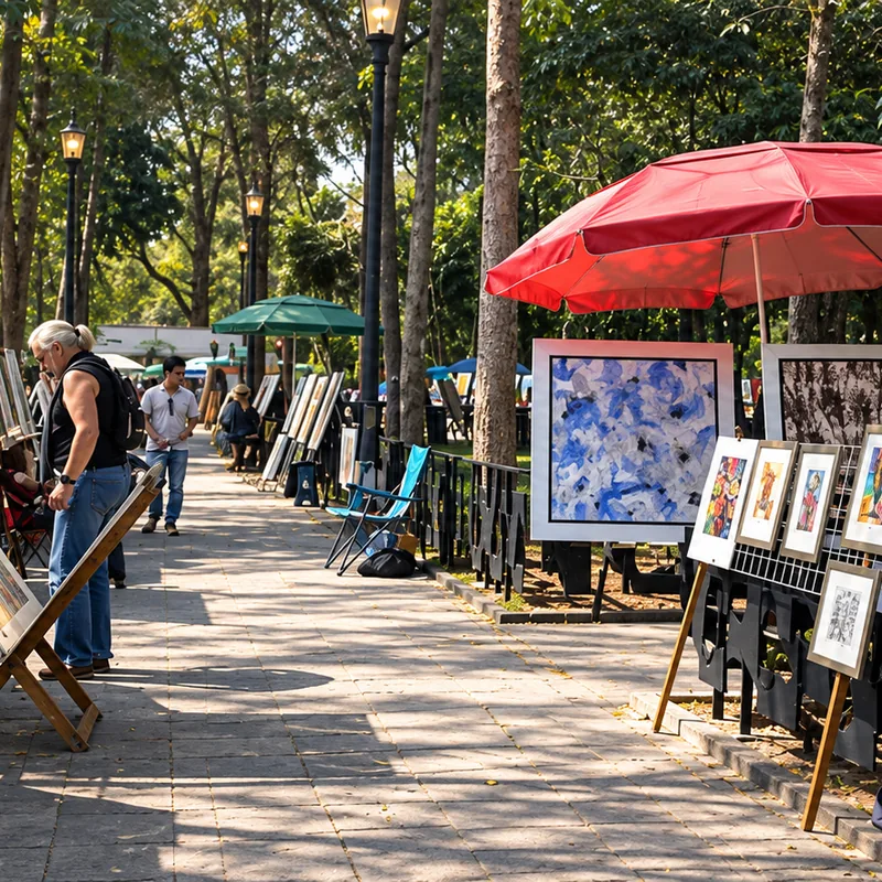 Open-air art market under trees and red umbrellas in San &Aacute;ngel, Mexico City &mdash; CH3 Agency