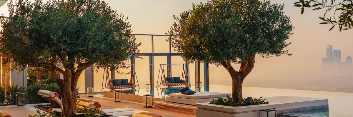 Rooftop pool terrace with olive trees at One&Only One Za’abeel, Dubai, United Arab Emirates