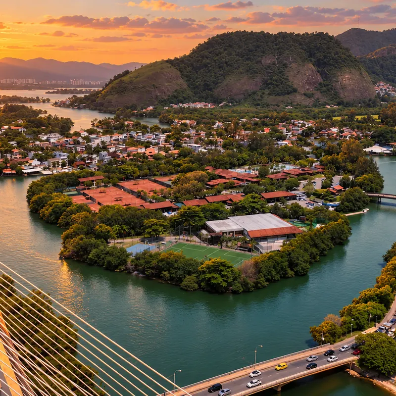 Lagoons, islands and a cable-stayed bridge at sunset in Barra da Tijuca, Rio de Janeiro, Brazil