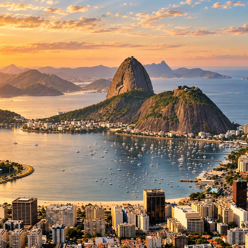 Botafogo Bay marina and Sugarloaf Mountain at sunset, Rio de Janeiro, Brazil