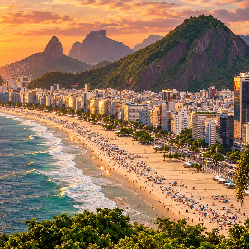 Copacabana beach and the Avenida Atlântica seafront at sunset, Rio de Janeiro, Brazil