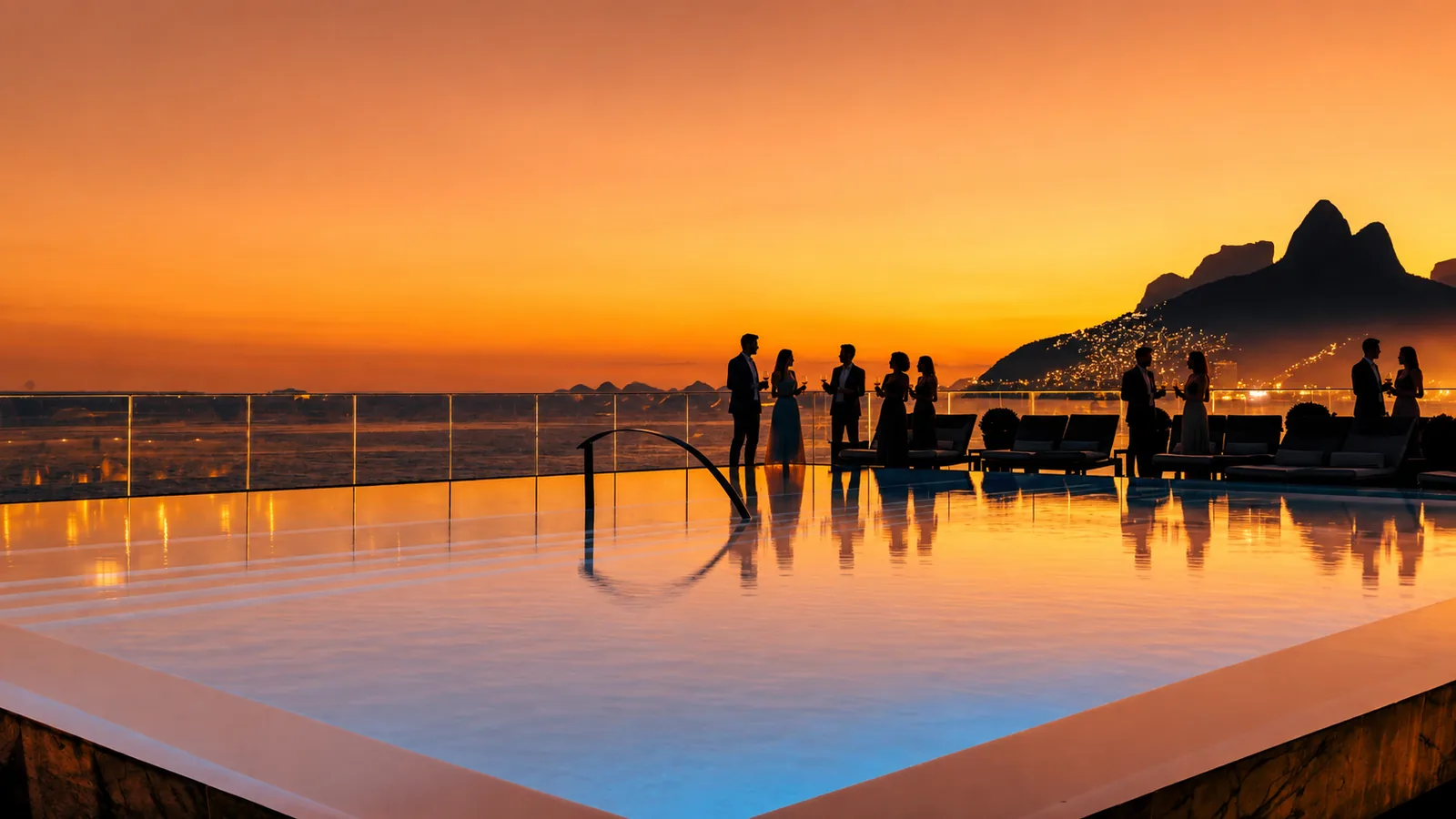 Rooftop pool cocktail reception at sunset in Ipanema, Rio de Janeiro, Brazil