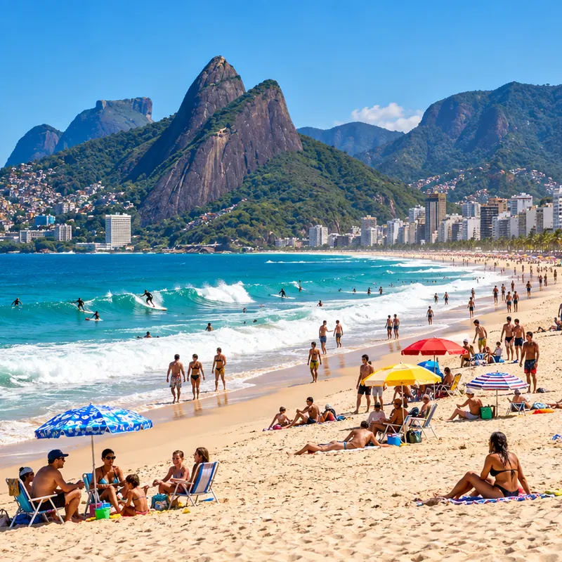 Leblon beach with the Dois Irmãos mountain on a sunny day, Rio de Janeiro, Brazil