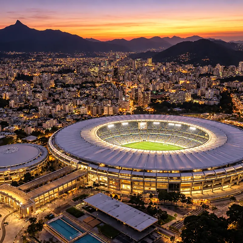 Maracanã stadium and the Maracanãzinho arena lit at dusk, Rio de Janeiro, Brazil