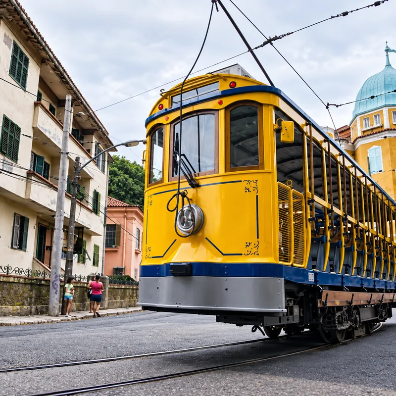 The yellow Santa Teresa tram passing historic houses in Santa Teresa, Rio de Janeiro, Brazil