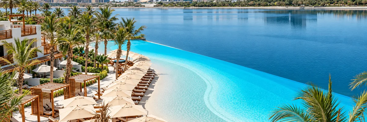Lagoon pool and cabanas at Twiggy beach club, Dubai Creek, Dubai, United Arab Emirates