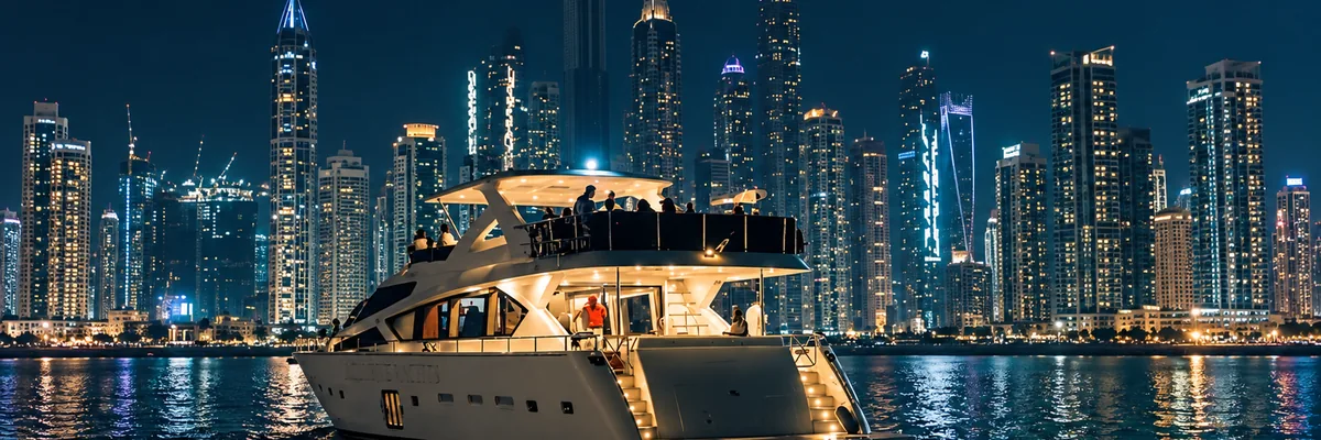Motor yacht at night with the Dubai Marina skyline, Dubai, United Arab Emirates