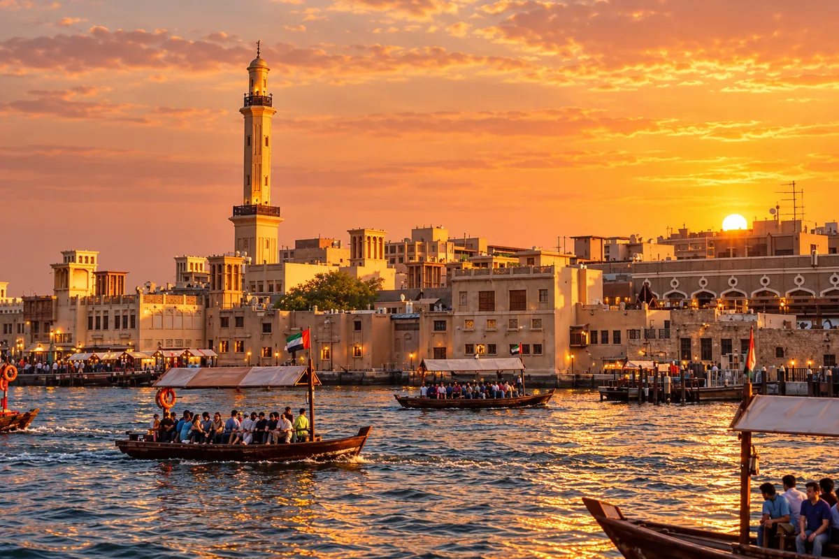 United Arab Emirates, Dubai — Abra boats crossing Dubai Creek at sunset