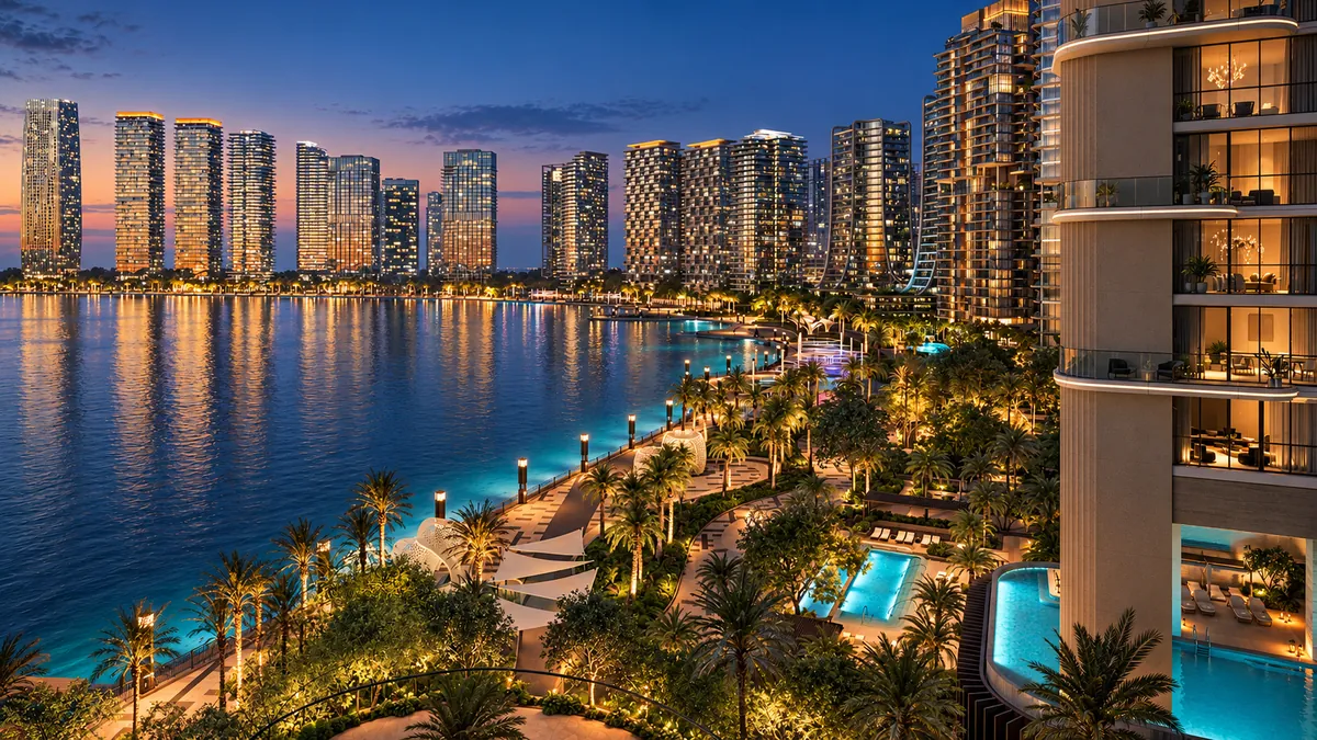 United Arab Emirates, Dubai — Waterfront promenade and towers at night, Dubai Design District