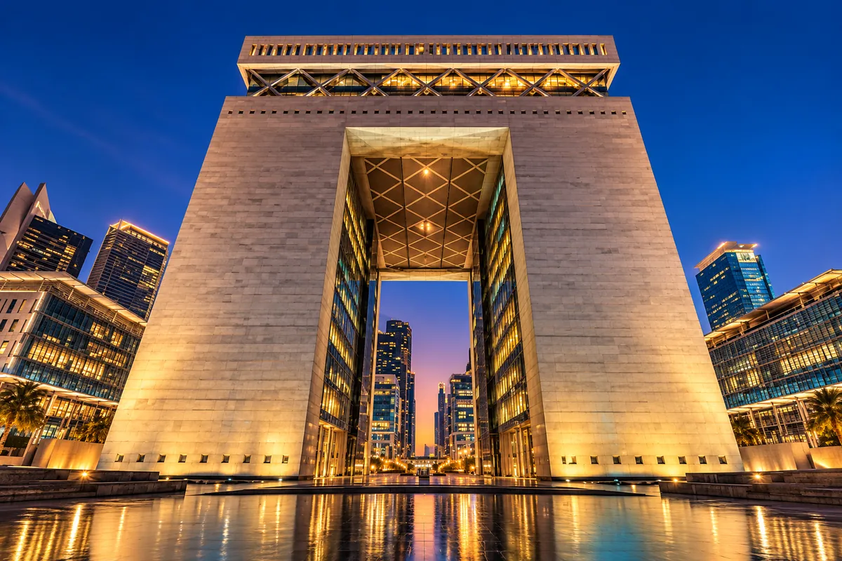 United Arab Emirates, Dubai — The Gate building in DIFC lit at night