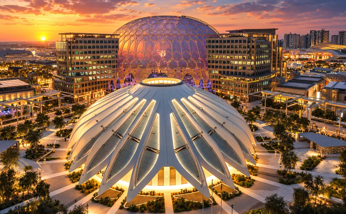 United Arab Emirates, Dubai — Al Wasl dome at Expo City Dubai at sunset