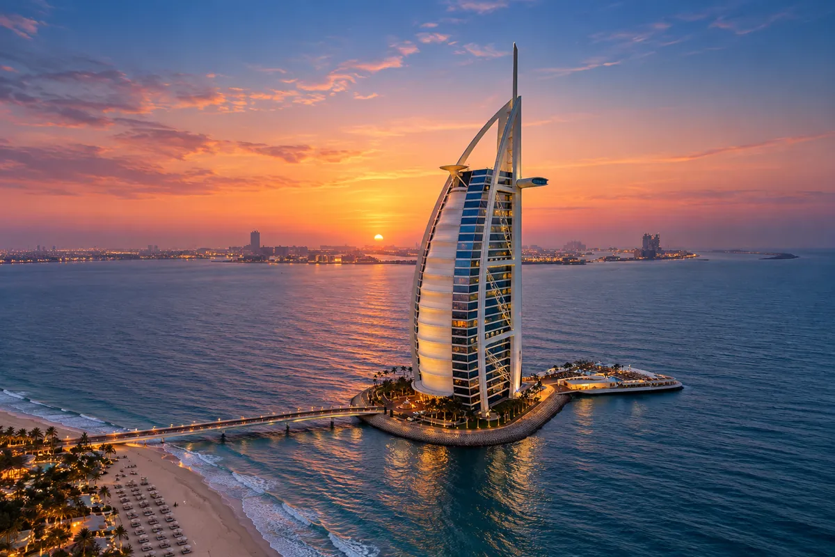 United Arab Emirates, Dubai — Burj Al Arab on its island above Jumeirah Beach at sunset