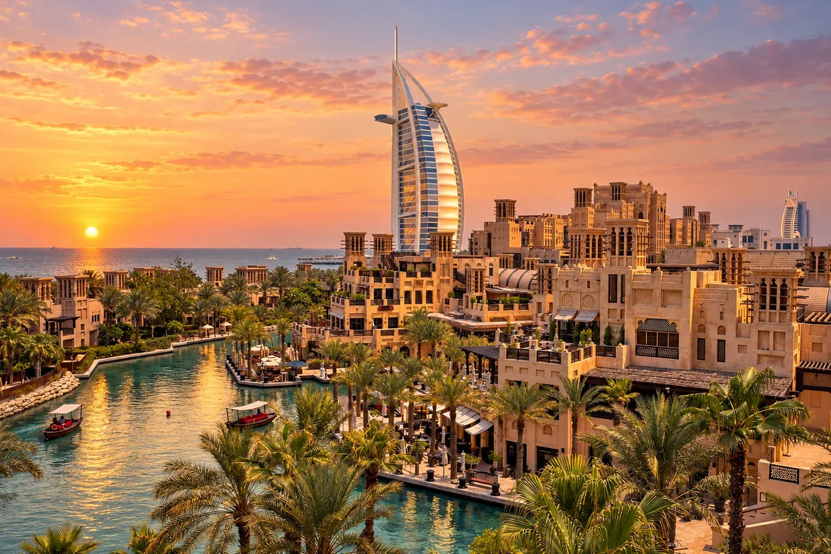 United Arab Emirates, Dubai — Madinat Jumeirah canals and wind towers with Burj Al Arab at sunset