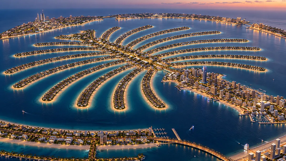 United Arab Emirates, Dubai — Palm Jumeirah from above, its fronds and crescent lit at night