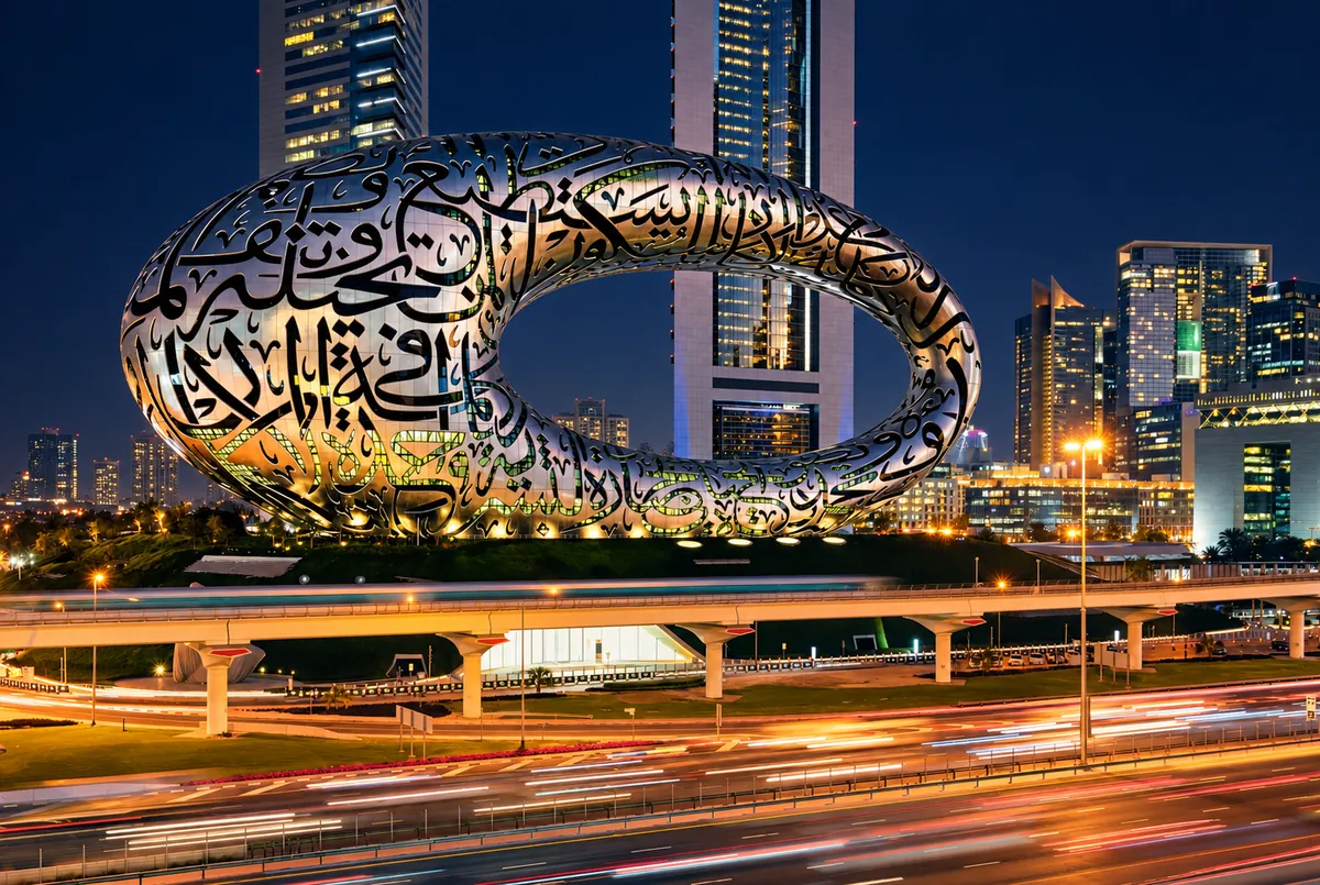 United Arab Emirates, Dubai — Museum of the Future beside Sheikh Zayed Road at night